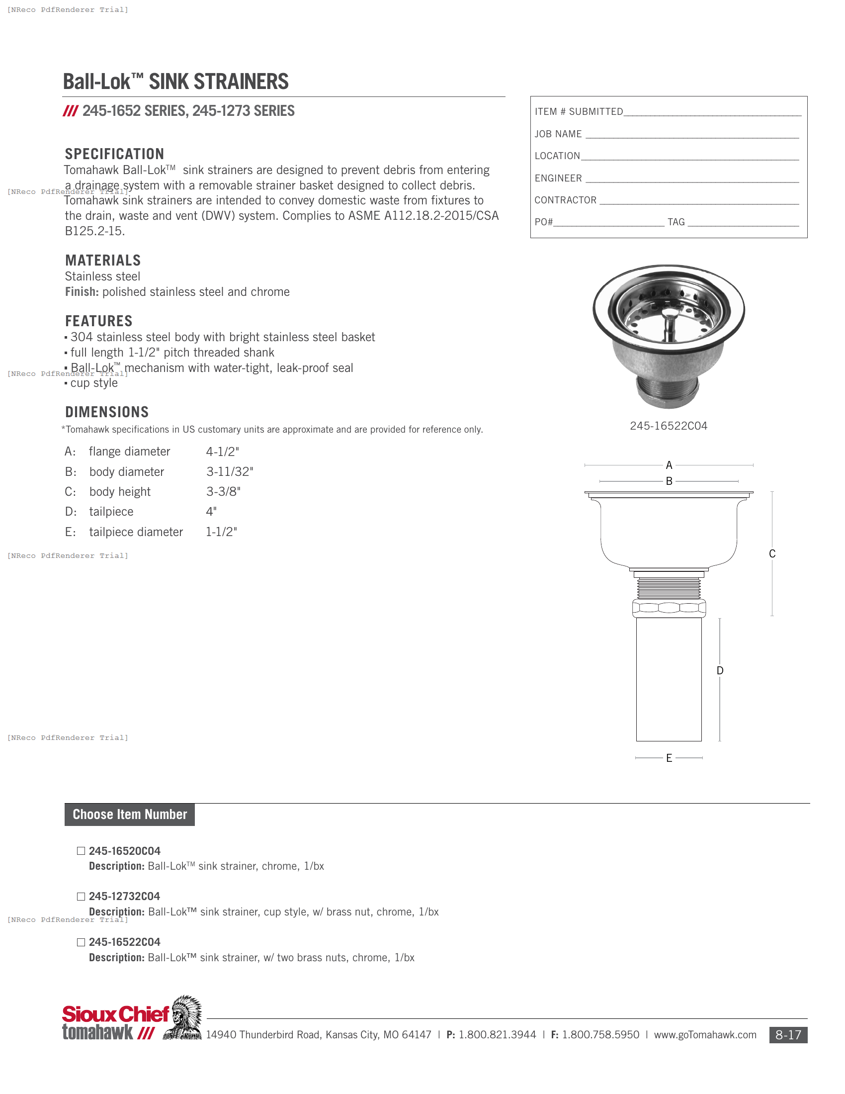 245 SERIES - BALL-LOK SINK STRAINER - SPEC SHEET.PDF Specification Document